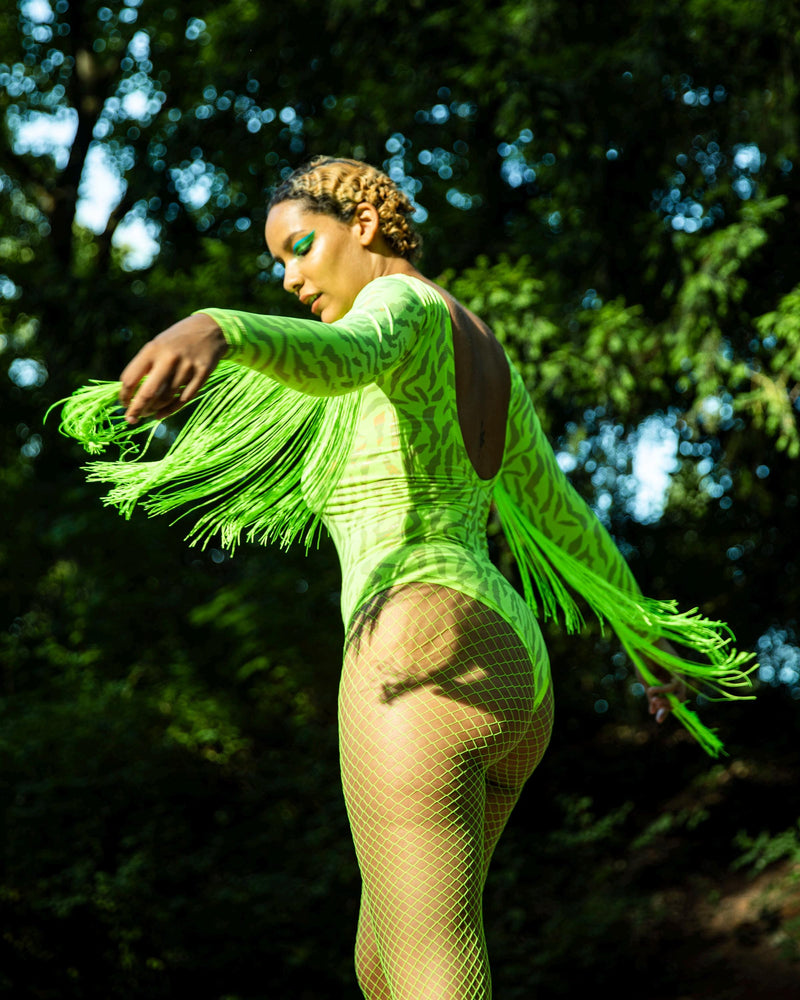 NEON GREEN Bodysuit Fringes "BUTTERFLY" Lettau Art Fashion